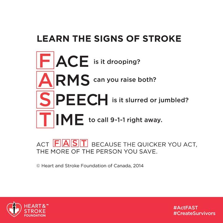 [FAST: Face - is it drooping, Arms - can you raise both, Speech - is it slurred or jumbled, Time - to call 9-1-1 right away.]