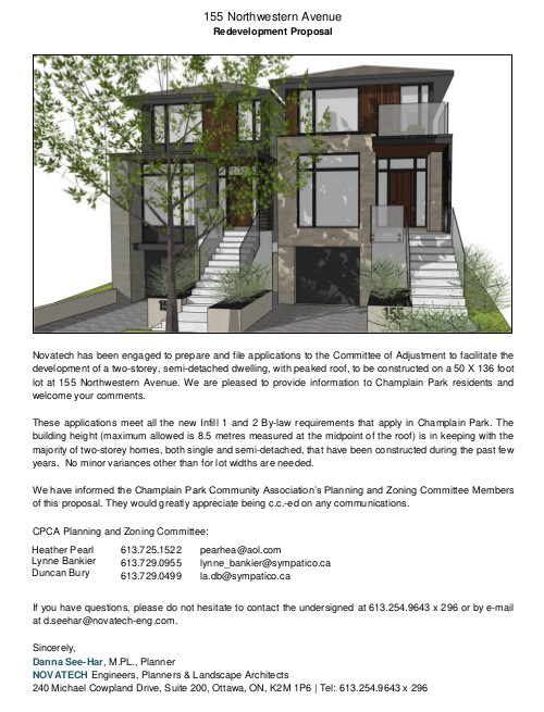 [Rendering of proposed house and zoning comments from the developer]