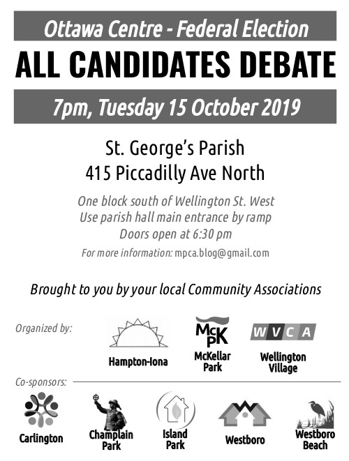 [Poster saying: All Candidates Debate, 7 pm Tuesday 15 October 2019, St. George's Parish, 415 Piccadilly Ave North, use parish hall main entrance, doors open 6:30 pm]