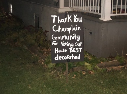 [Post Halloween sign thanking the community]