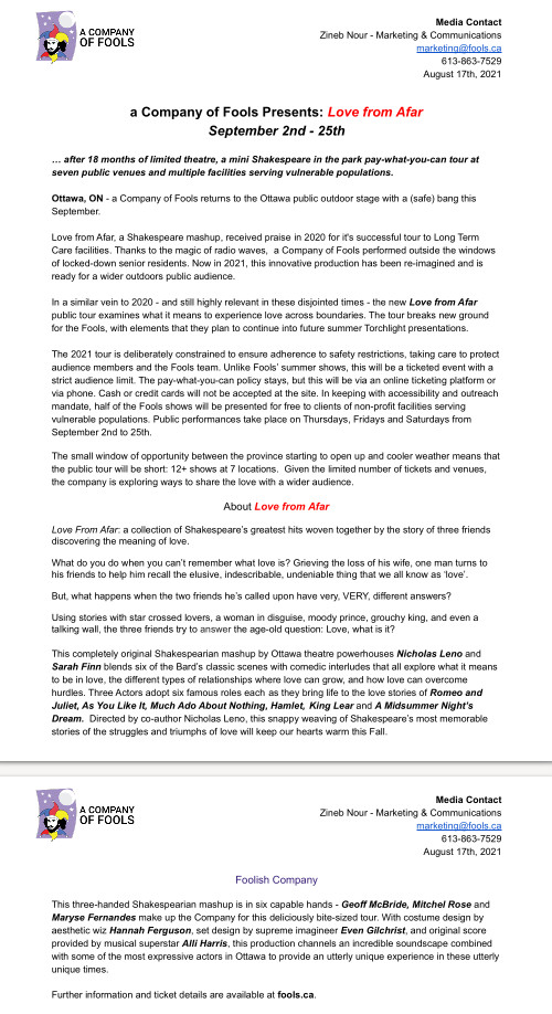 [Press Release for Fools' Love from Afar including COVID story]