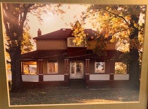 [Old head on front view of the house at 124 Cowley, flanked by Oak trees]