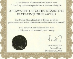 [Queen Elizabeth II Platinum Jubilee Award Certificate signed by MP Yasir Naqvi]