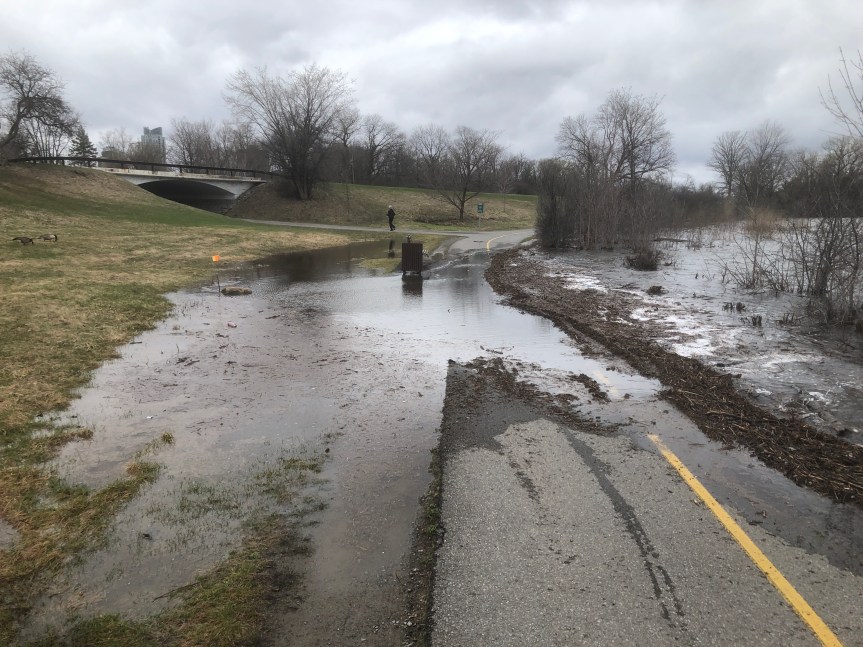 [Water Starting to Rise Over River Path at Carleton Avenue, April 19 2023]