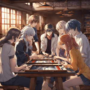 [Anime style DreamStudio AI generated scene of people playing Backgammon]