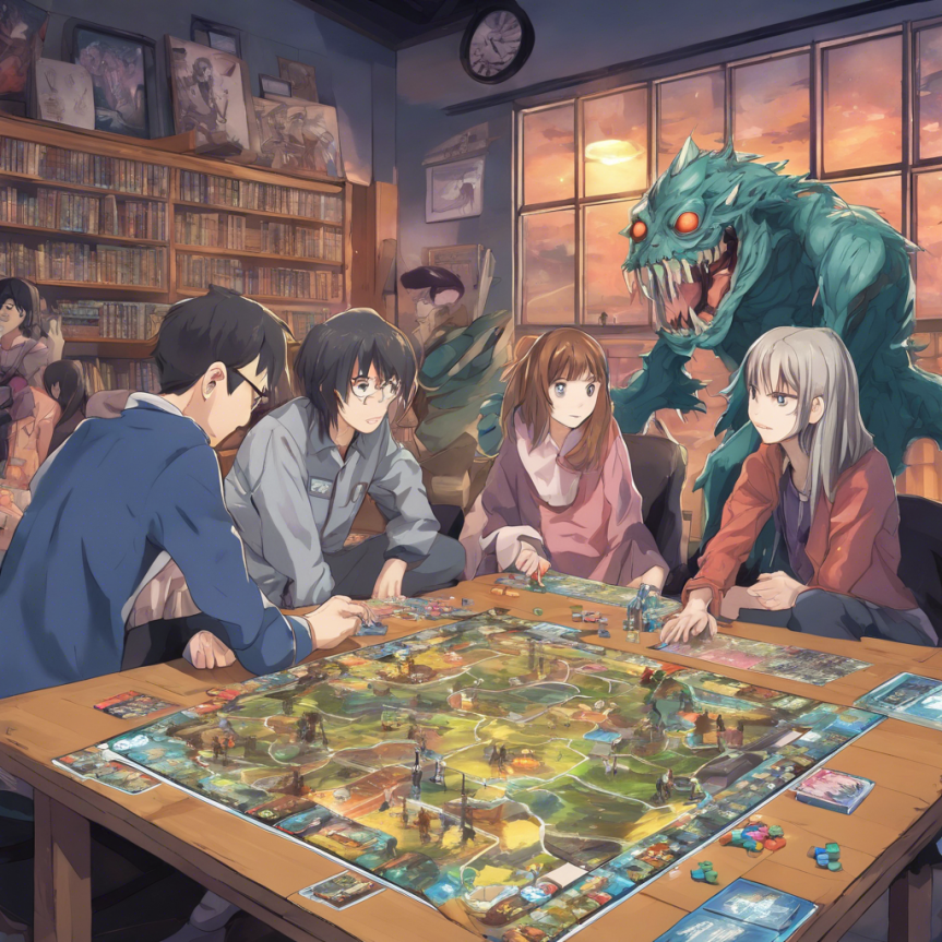 [Games Night at the field house mixup with the players and the board game King of Tokyo, made by DreamStudio.ai]