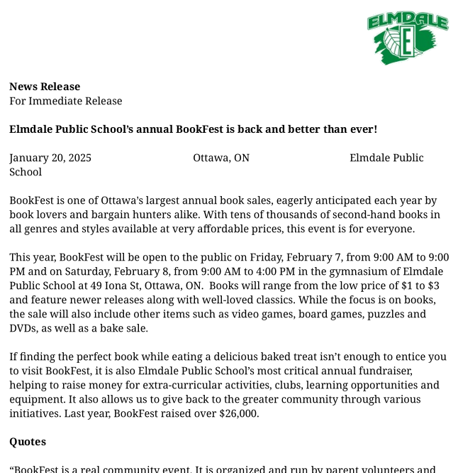 [Elmdale Book Festival 2025 Press Release]