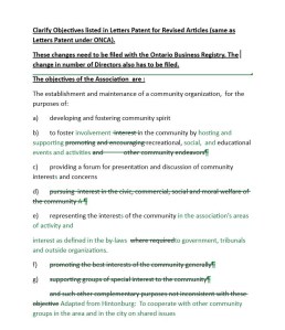 [List of changes to Objectives of the community association]