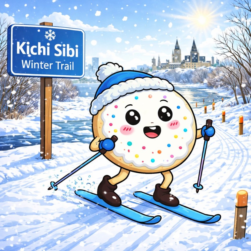 [A cookie with rainbow sprinkles on skis, on the winter trail near the Parliament buildings, made by ChatGPT AI]